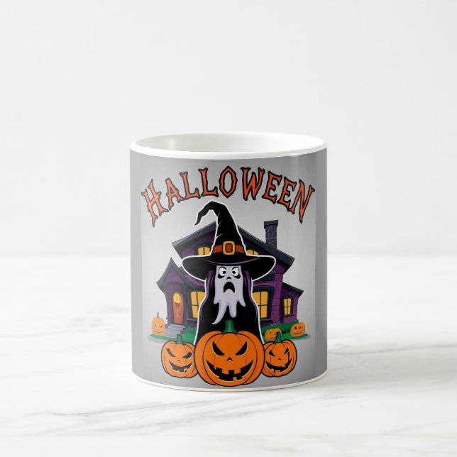 Halloween ghost house, pumpkins, witch, bats coffee mug (Center)