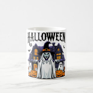 Halloween ghost house, pumpkins, witch, bats coffee mug
