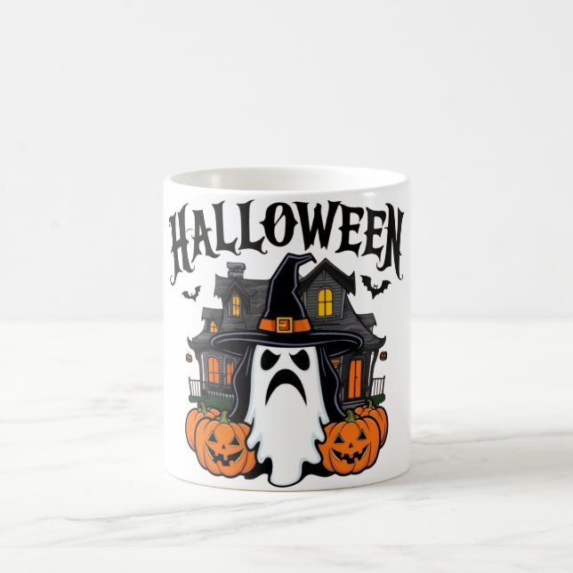 Halloween ghost house, pumpkins, witch, bats coffee mug (Center)