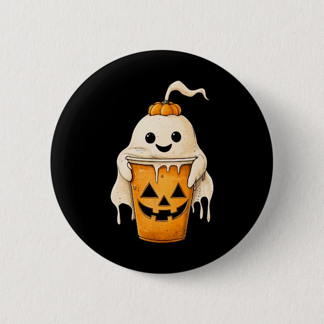 Halloween Ghost Iced Coffee With Pumpkin Fun Spook Button (Front)
