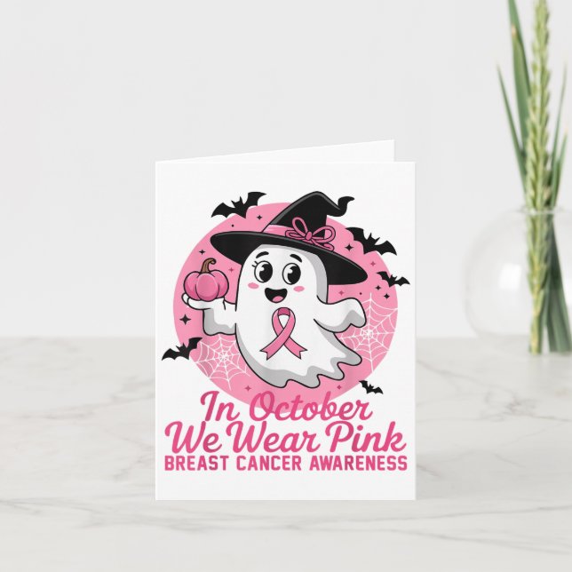 Halloween Ghost In October We Wear Nk Breast Cance Card (Front)