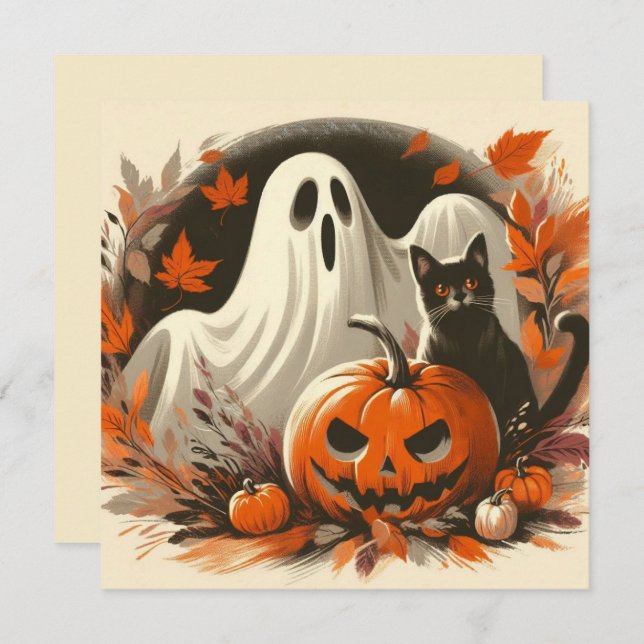 Halloween Ghost, Jack-'o-lantern and Black Cat  Card (Front/Back)