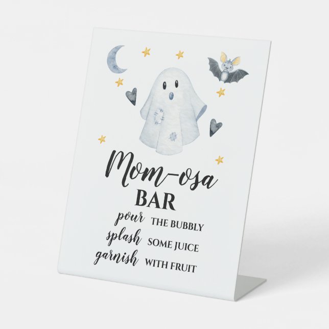 Halloween Ghost Little Boo Baby Shower MOM-OSA BAR Pedestal Sign (Front)