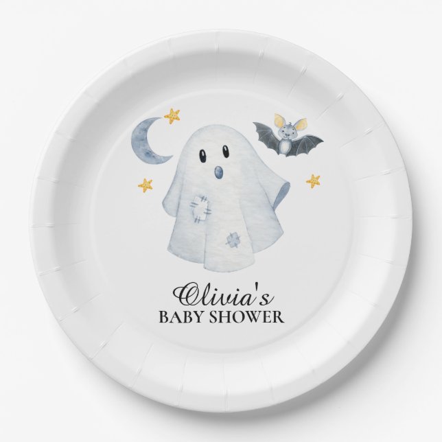 Halloween Ghost Little Boo Baby Shower Paper Plate (Front)