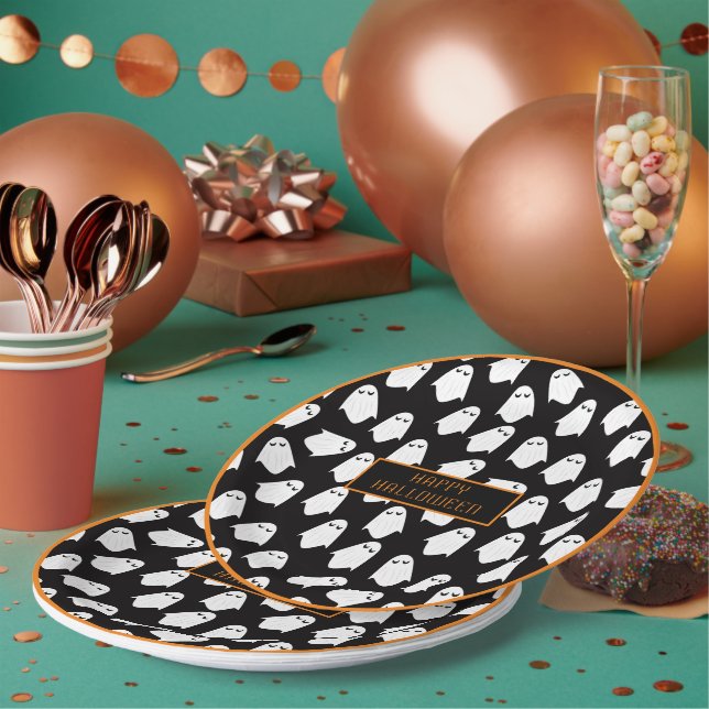 Halloween Ghost Monogram Spooky Black White Fun Paper Plates (Multi)