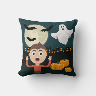 Halloween Ghost Moon Bats Illustration Pillow