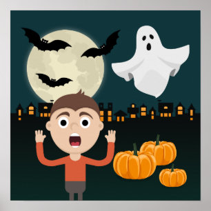 Halloween Ghost Moon Bats Illustration Poster