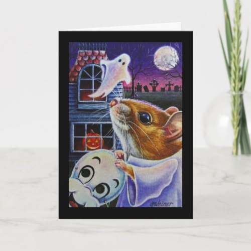 Halloween Ghost Mouse Vintage Mask Watercolor Art Card