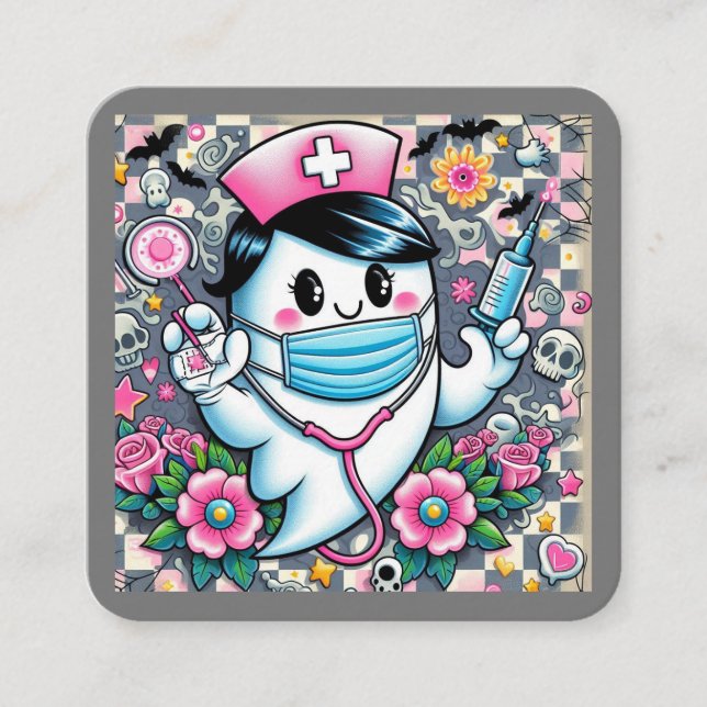 Halloween Ghost Nurse with Mask and Syringes Square Business Card (Front)