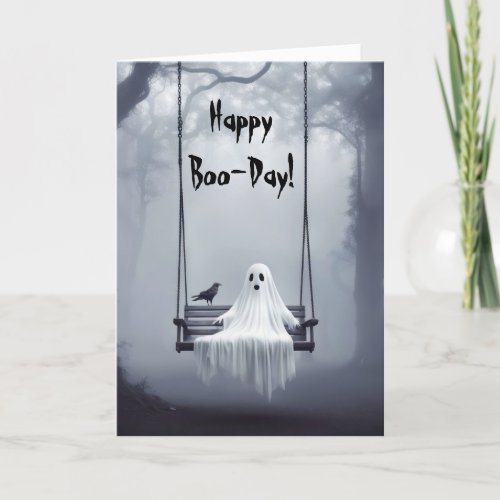 Halloween Ghost On A Swing With Raven Holiday Card