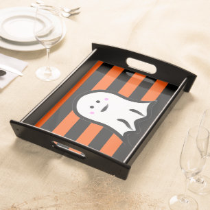 Halloween Ghost on Black and Orange Stripes Serving Tray