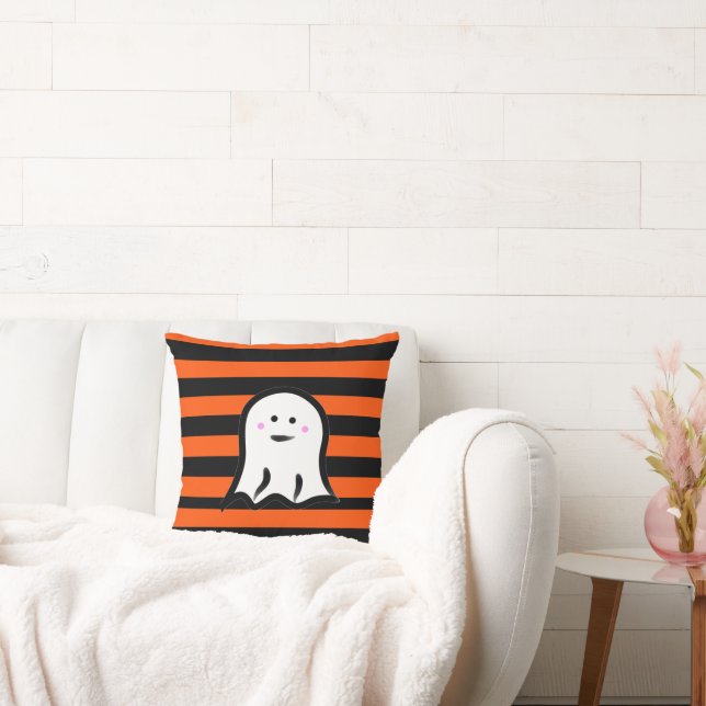 Halloween Ghost on Black and Orange Stripes  Throw Pillow (Couch)