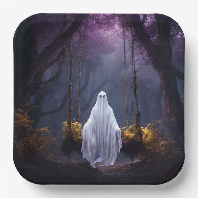 Halloween Ghost On Swing Paper Plates (Front)