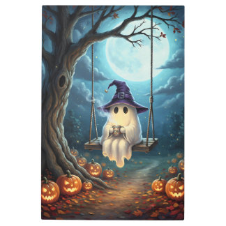 Halloween Ghost on Swing with Coffee Metal Print
