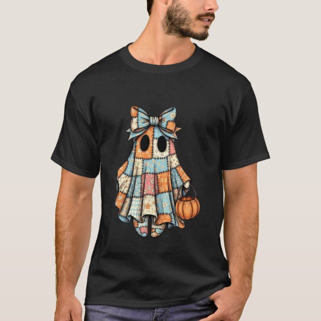 Halloween Ghost Patchwork Spooky Season Trick or T T-Shirt (Front)