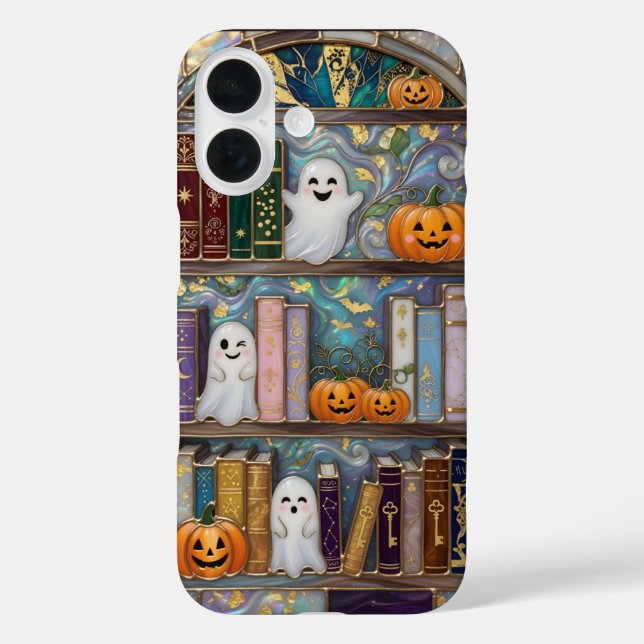 Halloween Ghost Phone Case Pumpkin Bookshelf Cute (Back)
