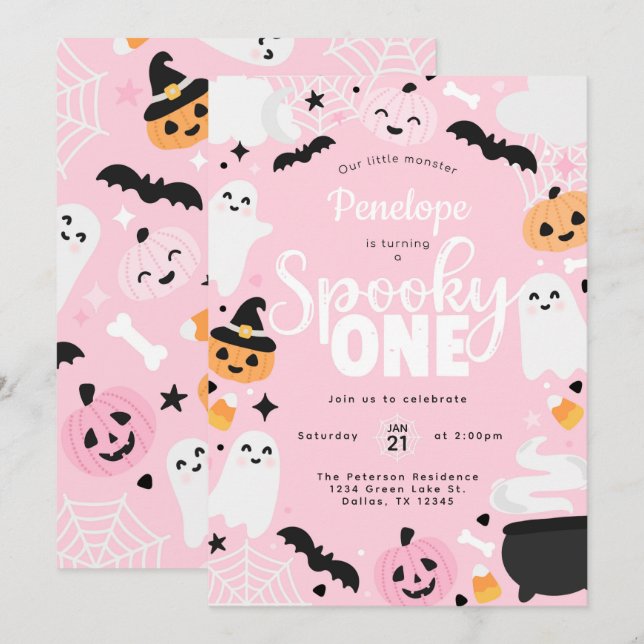 Halloween Ghost Pink 1st Birthday Party Invitation (Front/Back)