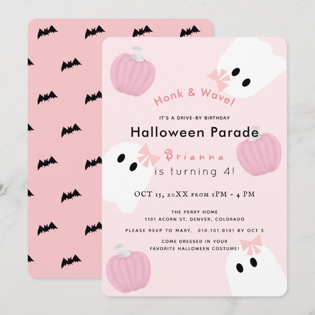 Halloween Ghost Pink Pumpkin Drive-by Birthday Invitation (Front/Back)
