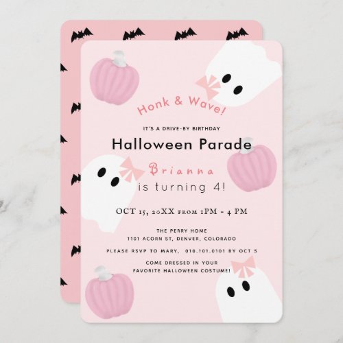 Halloween Ghost Pink Pumpkin Drive_by Birthday Invitation