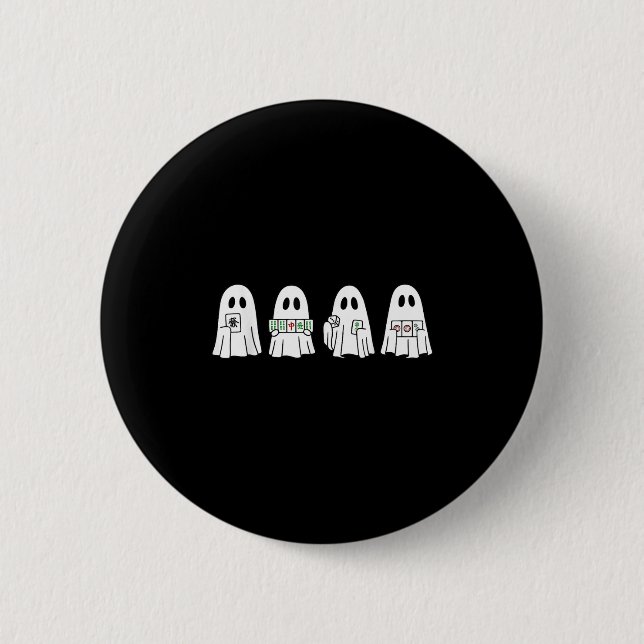 Halloween Ghost Playing Mahjong Spooky Season Game Button (Front)
