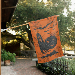 Halloween Ghost Pumpkin Bats Black and Orange House Flag
