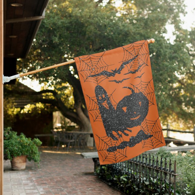 Halloween Ghost Pumpkin Bats Black and Orange House Flag (In SItu)