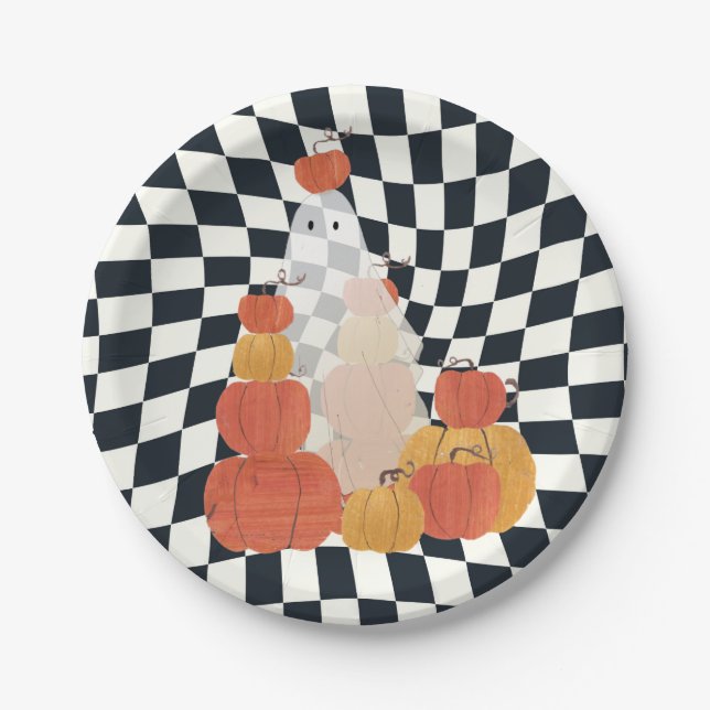Halloween Ghost Pumpkin Checkered  Paper Plates (Front)