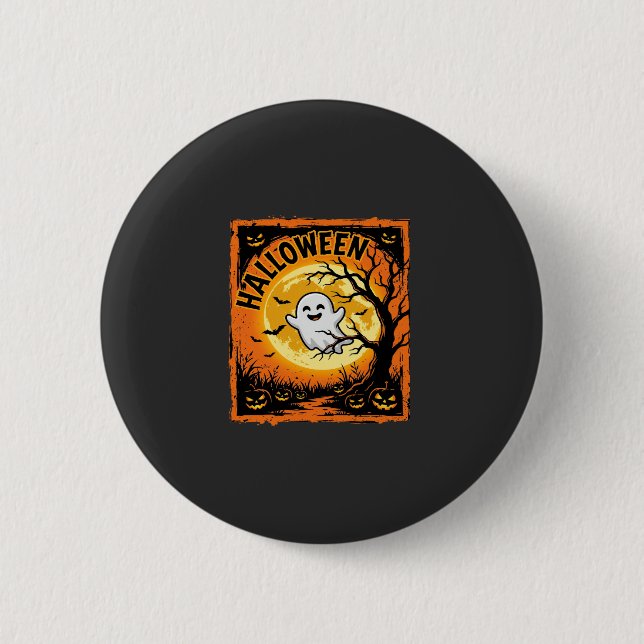 Halloween Ghost Pumpkin Haunted Tree Button (Front)
