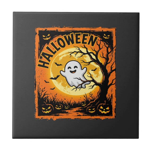 Halloween Ghost Pumpkin Haunted Tree Ceramic Tile (Front)