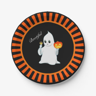Halloween ghost & pumpkin on black & orange paper plates
