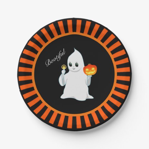 Halloween ghost  pumpkin on black  orange paper plates