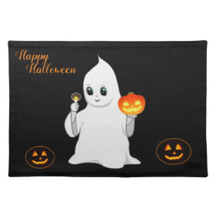 Halloween ghost & pumpkins on black cloth placemat