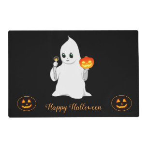 Halloween ghost & pumpkins on black placemat