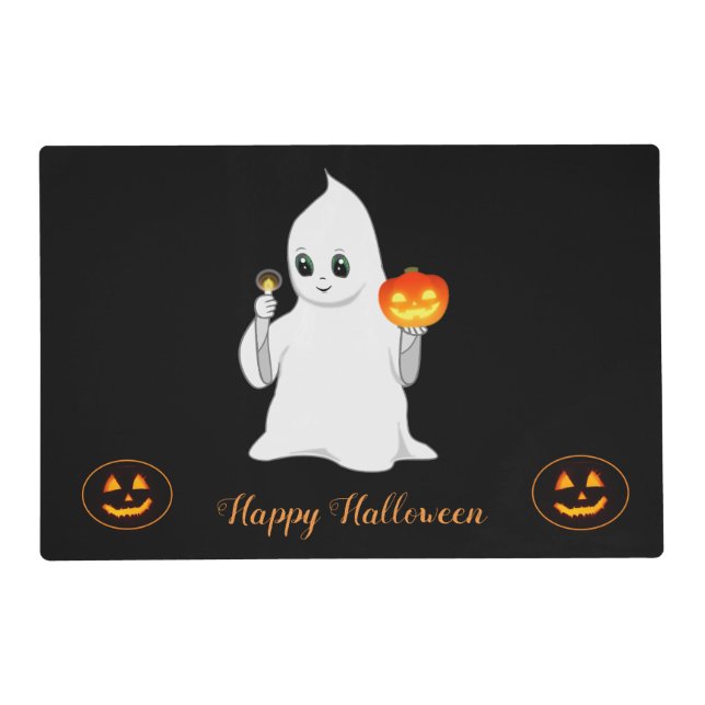 Halloween ghost & pumpkins on black placemat (Front)