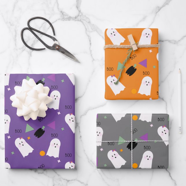 Halloween Ghost Purple Orange Black Confetti Wrapping Paper Sheets (Front)