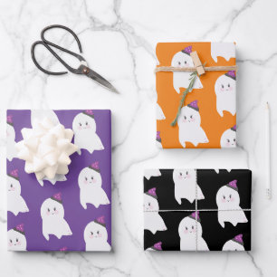 Halloween Ghost Purple Orange Black Wrapping Paper Sheets