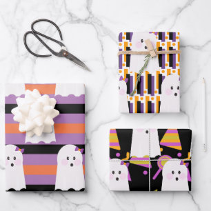 Halloween Ghost Purple Orange Ghoul Wrapping Paper Sheets