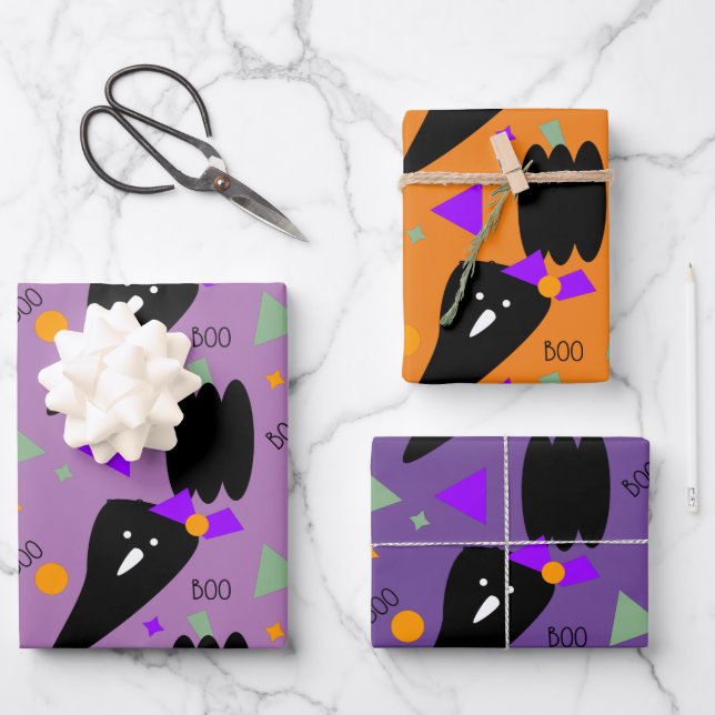 Halloween Ghost Purple Orange Pumpkin Wrapping Paper Sheets (Front)