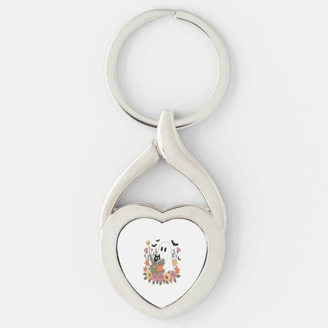 Halloween Ghost Reading Book Cat Keychain (Front)