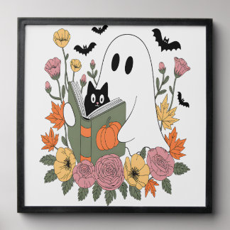 Halloween Ghost Reading Book Cat Peel And Stick Photo Tile