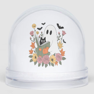 Halloween Ghost Reading Book Cat Snow Globe