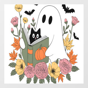 Halloween Ghost Reading Book Cat Wall Decal