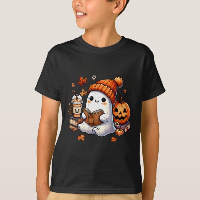 Halloween Ghost Reading Book Lovers Cute Ghost Cof T-Shirt (Front)