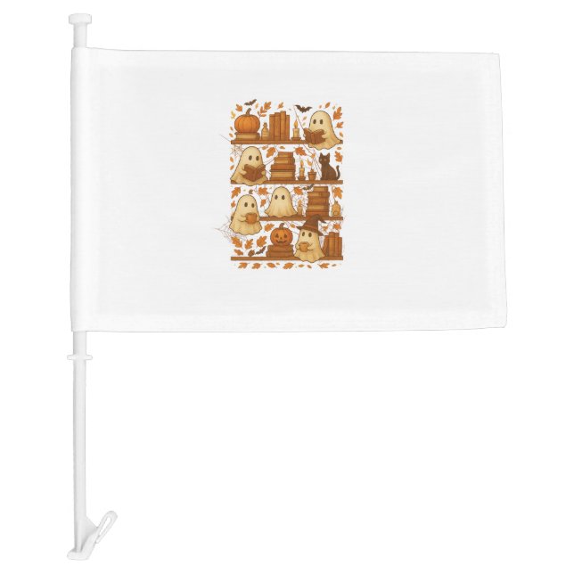 Halloween Ghost Reading Books Lover Car Flag (Front)