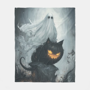 Halloween Ghost Riding a Black Cat  Fleece Blanket