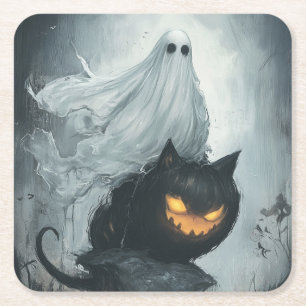 Halloween Ghost Riding a Black Cat  Square Paper Coaster