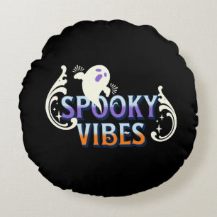 Halloween Ghost Spooky Vibes Typography Lettering  Round Pillow