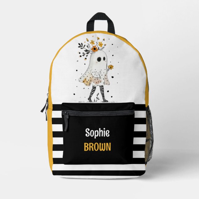 Halloween Ghost& Sunflowers Stripe Pattern Name  Printed Backpack (Front)