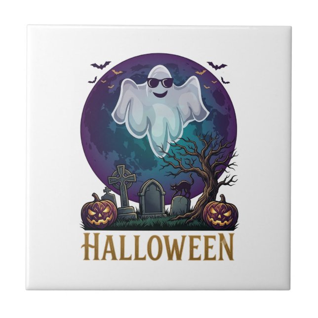 Halloween Ghost Sunglasses Purple Moon Graveyard_1 Ceramic Tile (Front)