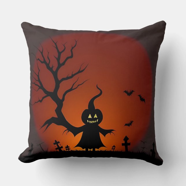 Halloween Ghost with Bats and Full Moon Throw Pillow (Front)
